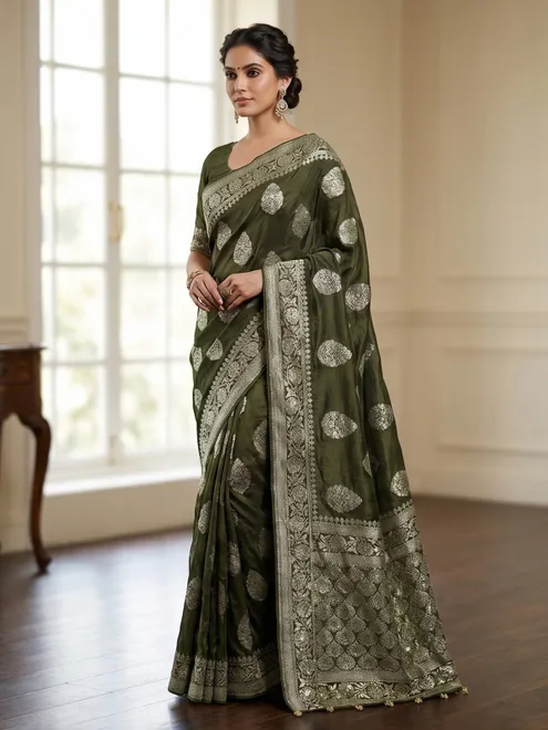 Mehndi green floral booti festive party saree