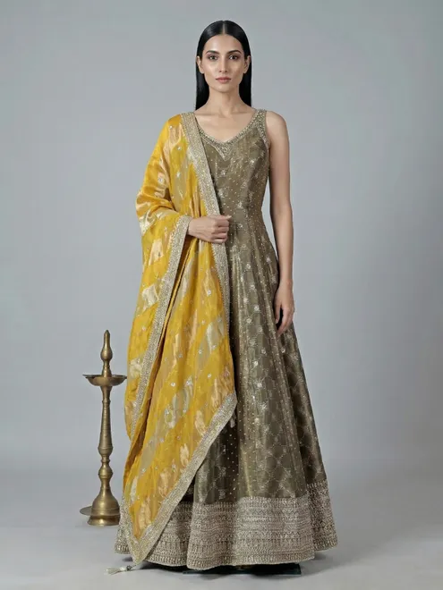 Mehndi green silk anarkali suit