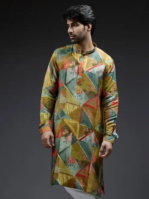 Mehndi yellow silk kurta suit with geometrical printed design