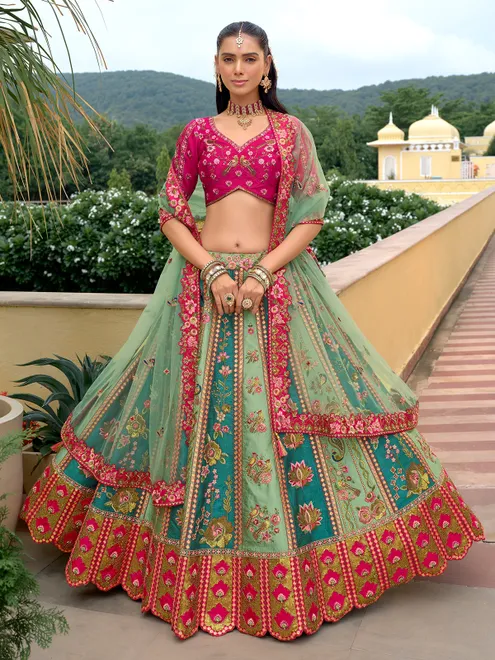 Mint blue and magenta lehenga choli in silk