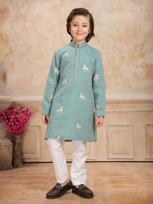 Mint blue cotton festive wear kurta suit for boys