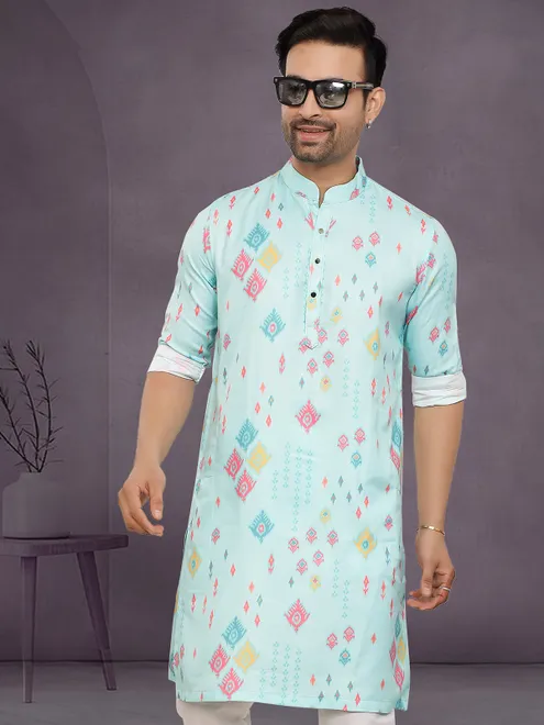 Mint blue cotton silk printed kurta for festive style
