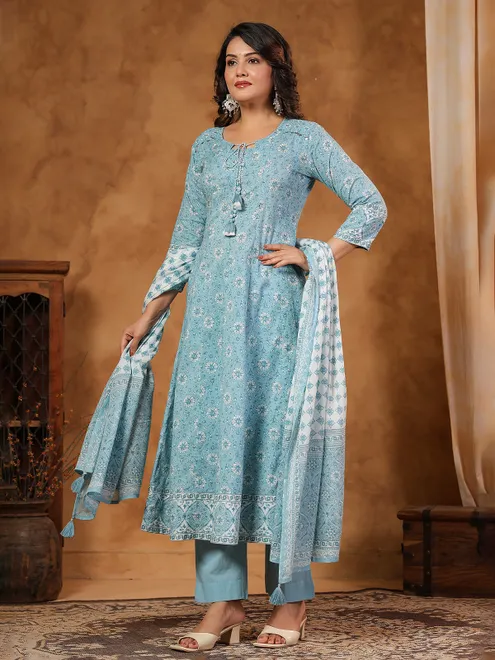 Mint blue cotton silk set with sequins and cutdana