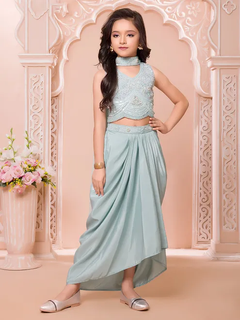Mint blue designer V neck satin silk suit