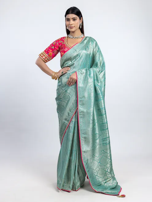 Mint blue dola silk festive wear saree with readymade blouse