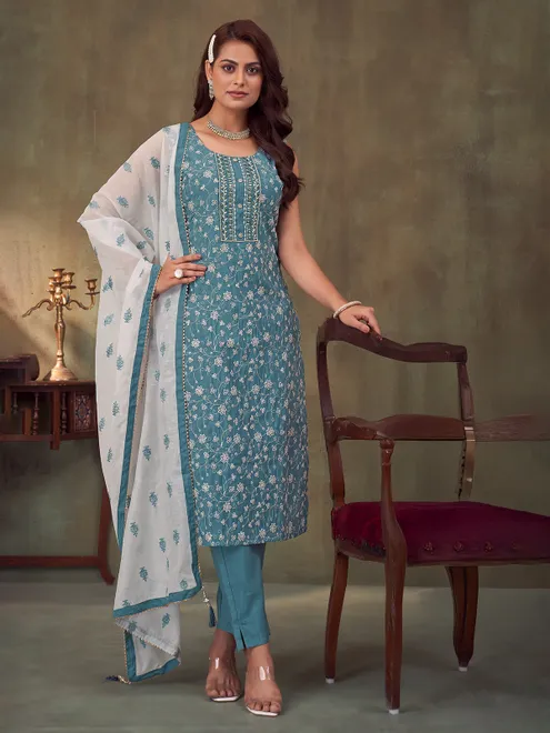 Mint blue embroidered silk salwar suit with dupatta