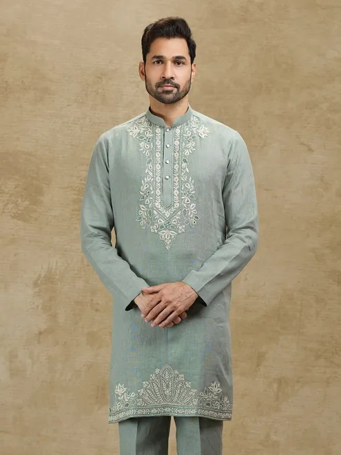 Mint blue festive wear pure linen kurta for men