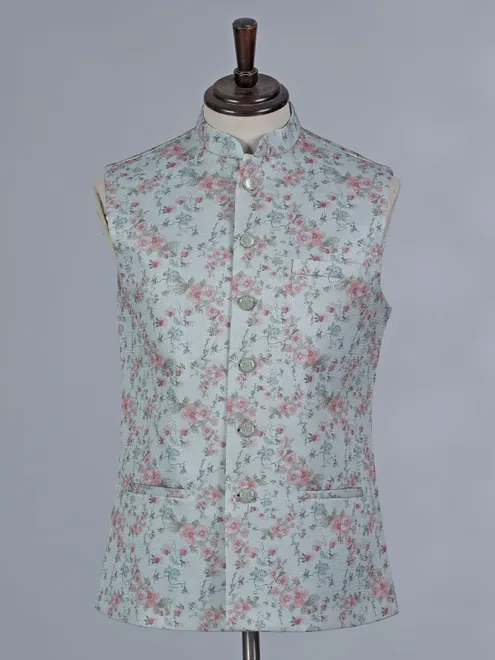 Mint blue floral printed cotton silk waistcoat
