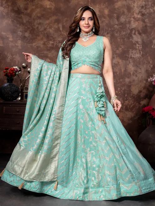 Mint blue lehenga choli in tissue silk craft