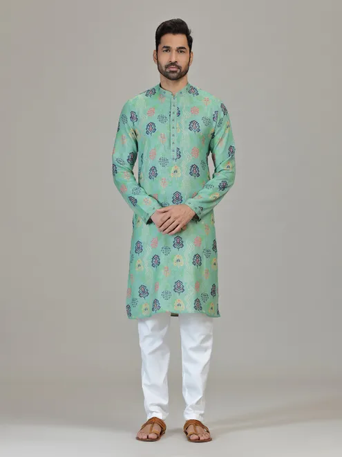 Mint blue cotton linen vibrant printed kurta suit