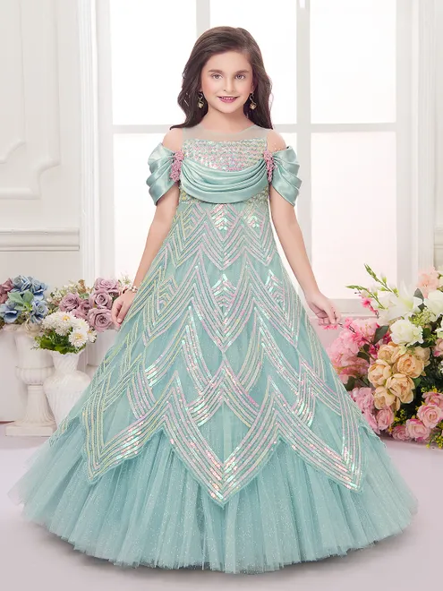 Mint blue net designer floor length girls gown