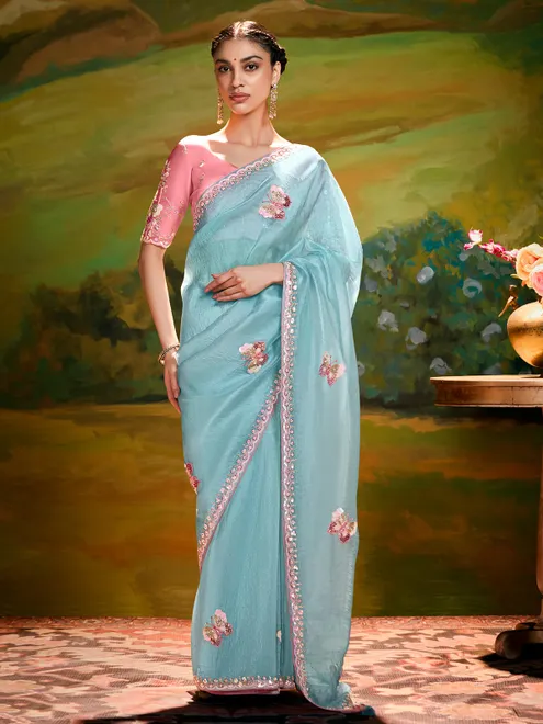 Mint blue party wear chiffon saree