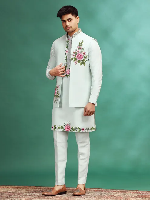 Mint blue printed wedding wear waistcoat set