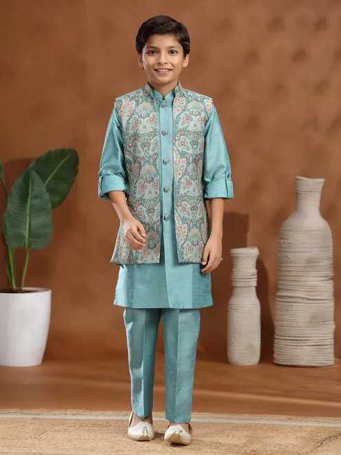 Mint blue raw silk waistcoat set for wedding