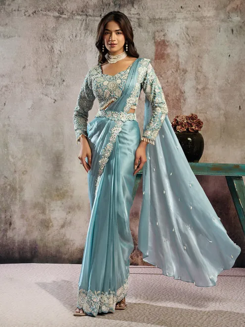 Mint blue satin saree with mirror work and belt