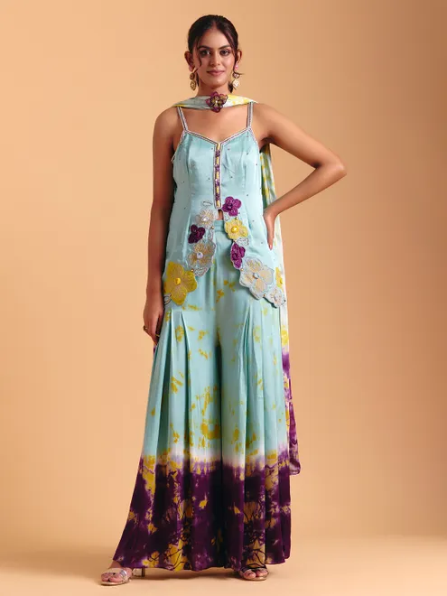 Mint blue satin silk printed palazzo suit with dupatta