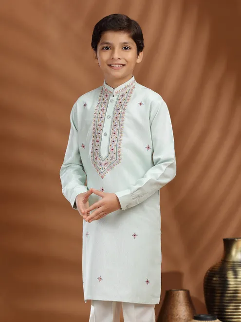 Mint blue silk embroidered kurta suit