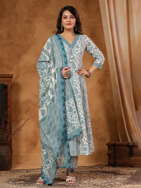Mint blue silk kurti set with aabla detailing