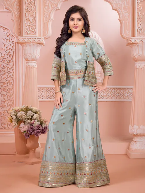 Mint blue silk resham work jacket palazzo suit