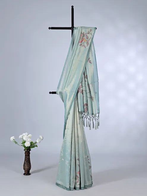 Mint blue tissue cotton silk saree with sequins and embroidery accents