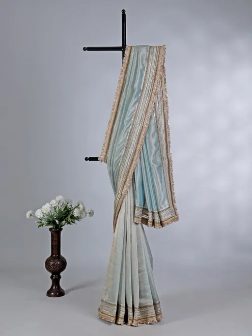 Mint blue tissue silk saree with gota accents
