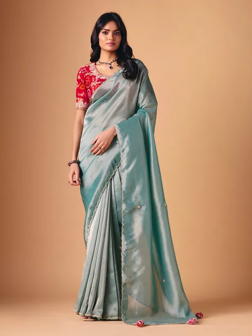 Mint blue tissue silk wedding wear saree