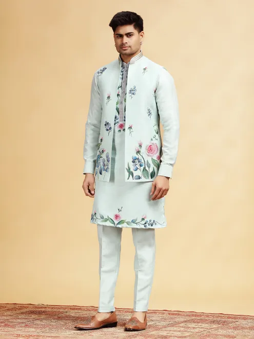 Mint blue wedding wear waistcoat set with hand print