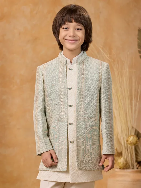 Mint green and cream embroidered indo western set