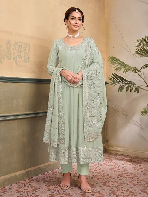 Mint green chiffon silk anarkali festive embroidered suit