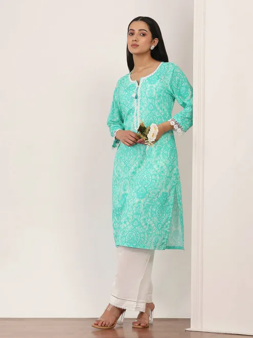 Mint green cotton printed casual kurti daily wear