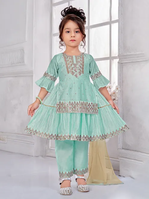 Mint green cotton silk salwar suit with embroidery weaving