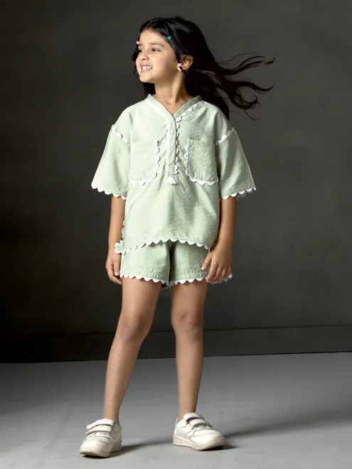 Mint green cotton silk V neck co-ord set