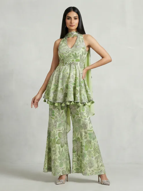 Mint green crepe silk floral palazzo suit