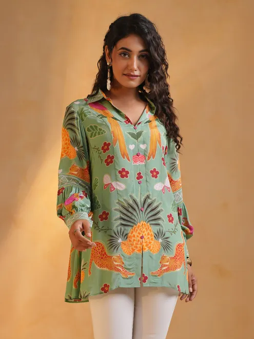 Mint green crepe silk women shirt with print