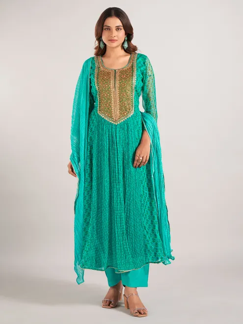 Mint green georgette printed salwar suit with dupatta