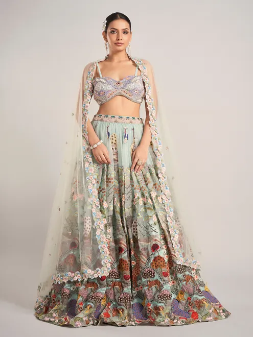 Mint green organza wedding wear lehenga choli