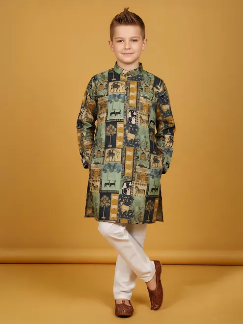 Mint green printed cotton kurta churidar suit