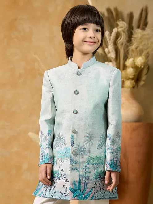 Mint green printed indo western set for boys