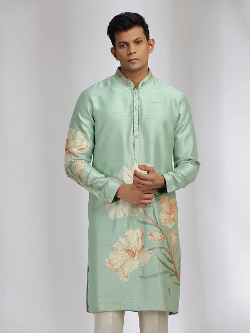 Mint green printed kurta suit with in tusser silk
