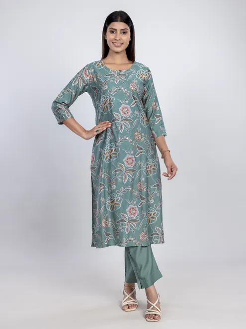 Mint green printed silk kurti for women