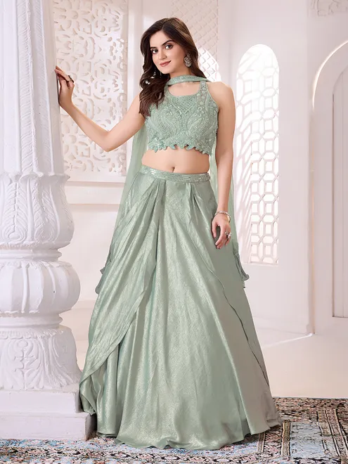 Mint green reception wear orgaza lehenga choli