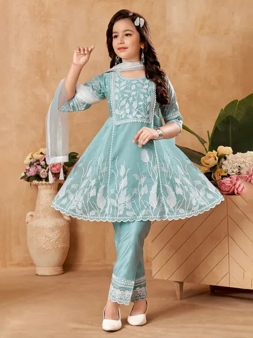 Mint green salwar suit with pants and dupatta for girls