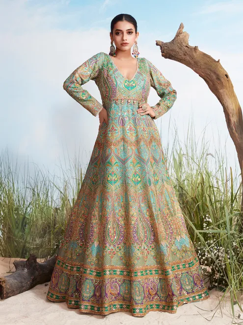 Mint green silk embroidered floor length festive gown