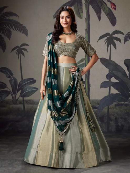 Mint green silk lehenga choli for wedding celebration