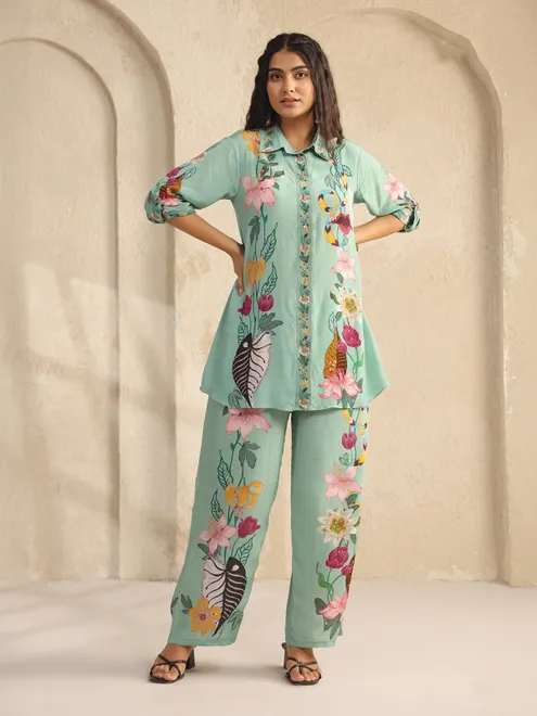 Mint green silk printed palazzo co ord set