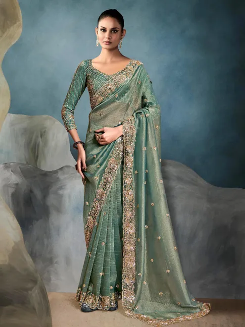Mint green tissue silk saree for festival