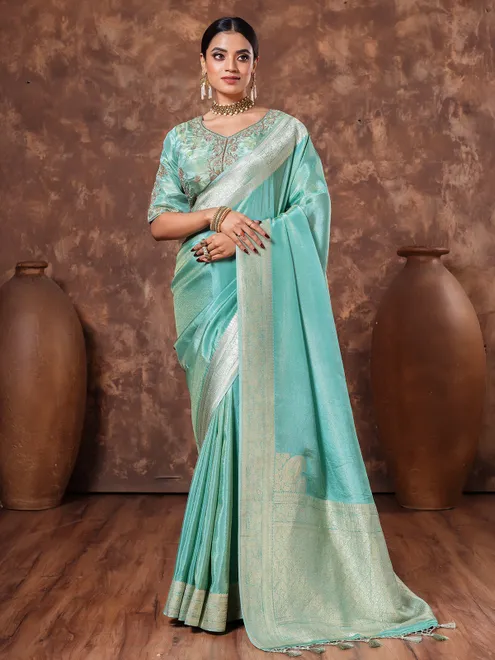Mint green tissue silk saree for wedding