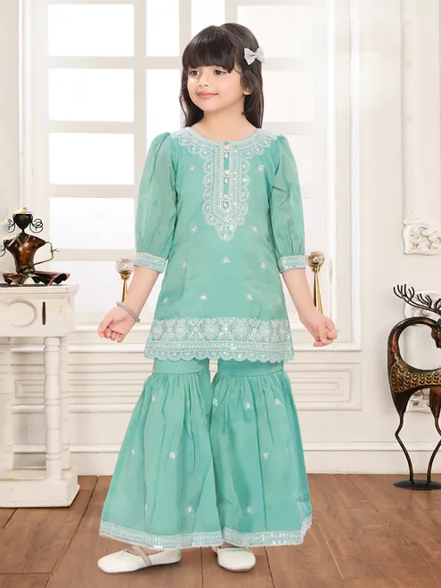 Mint green tissue silk sharara suit with pearl work