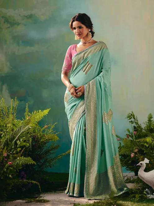 Mint green viscose dola silk wedding wear saree