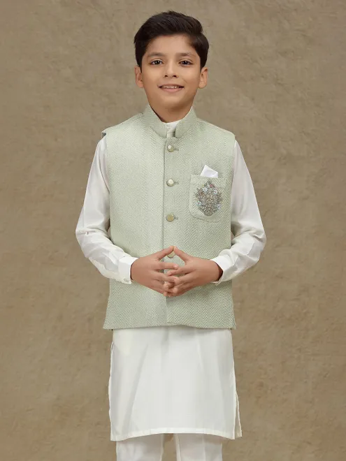 Mint green wedding wear silk waistcoat set